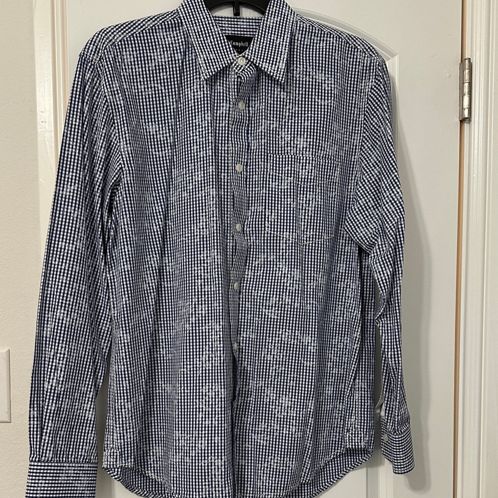 Men's Navy and White Checkered Button Down Shirt